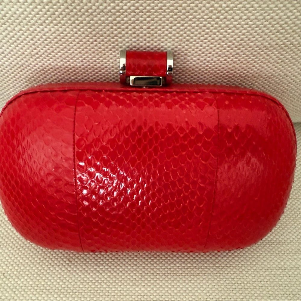(NO LABEL) Red Snakeskin Clutch with Metallic Clasp